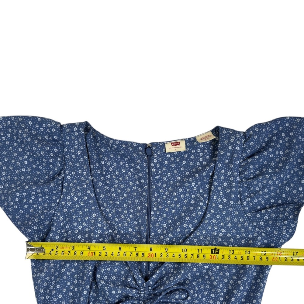 Levi's Floral Mini Sun Dress S Blue Flutter Sleeve Beth Dutton Westerncore 90s - Picture 7 of 9